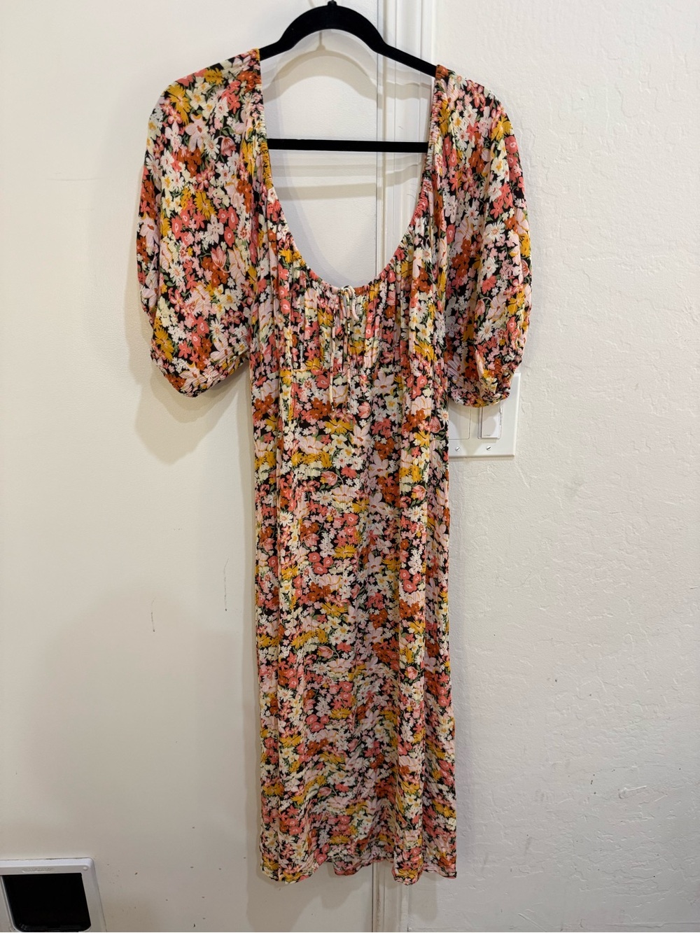 Billabong Floral Puff-Sleeve Midi Dress in Pink, Yellow & Green